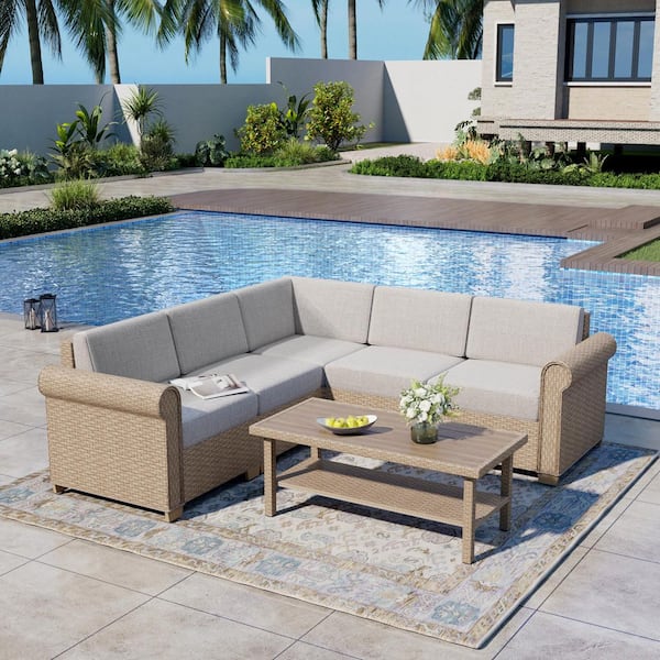 6-Piece Wicker Outdoor Patio Conversation Set with a Coffee Table and Beige Cushions