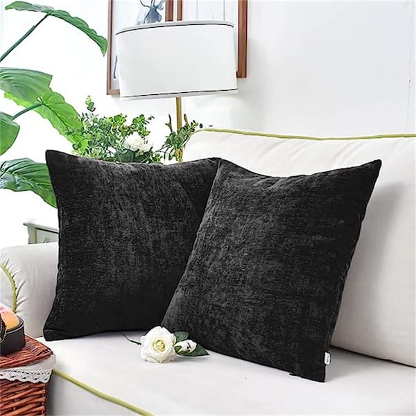 Outdoor Cozy Throw Pillow Covers Cases for Couch Sofa Home Decoration Solid Dyed Soft Chenille Black (2-Pack)