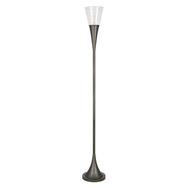 HomeRoots 71 in. Silver 1 1-Way (On/Off) Torchiere Floor Lamp for Living Room with Glass Cone Shade