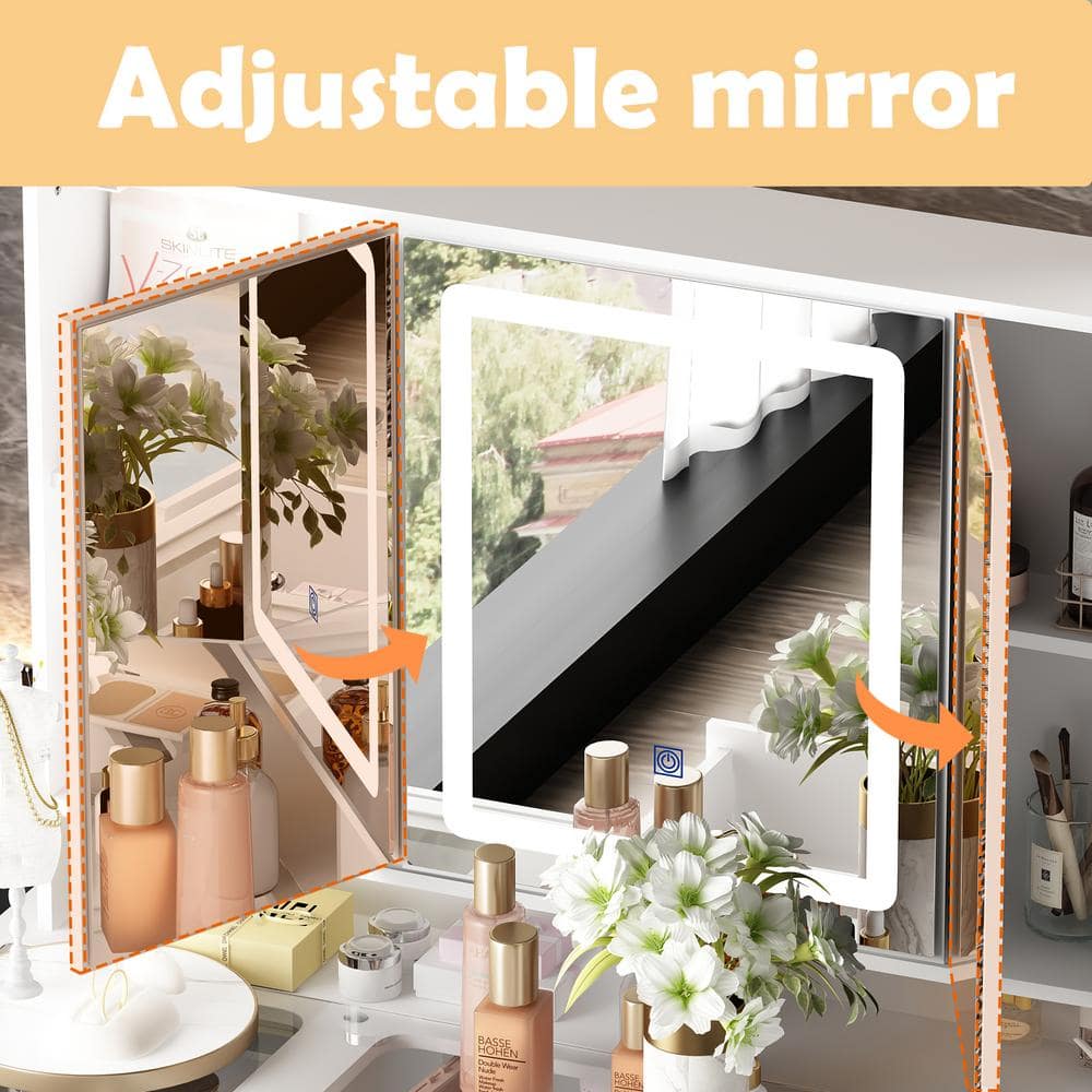 White Makeup Vanity Desk 9 Drawers Wood Dressing Table With 3 Mirrors, Glass Top, Hidden Storage Shelves, LED Lighted - thumbnail 8