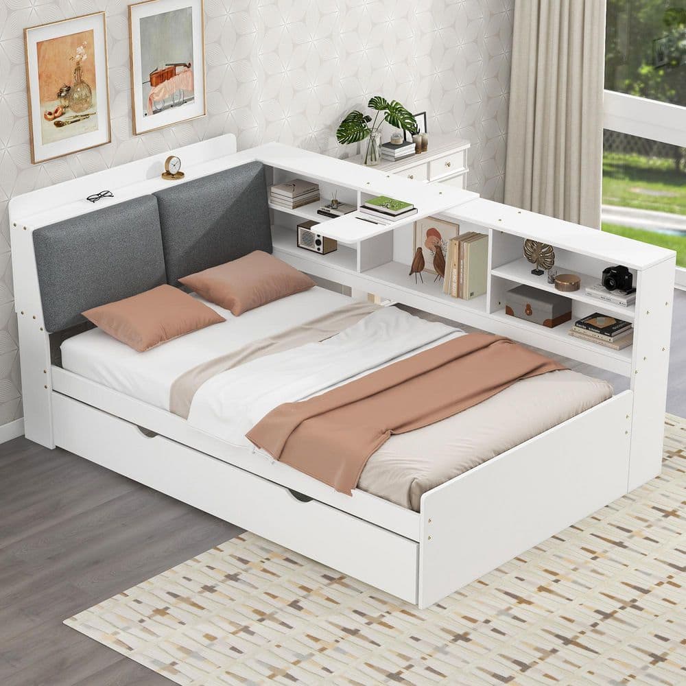White Wood Frame Twin Size Platform Bed with Trundle and Rotatable Storage Board
