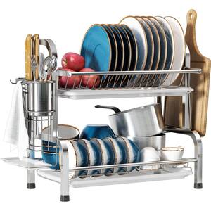 2-Tier Stainless Steel Dish Rack with Holder