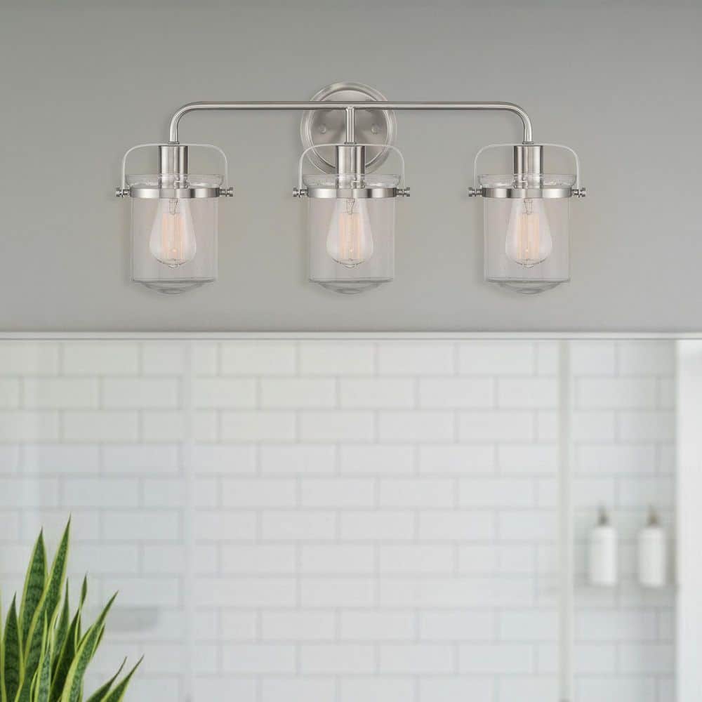 Jaxon 24 in. 3-Light Brushed Nickel Industrial Vanity Light with Clear Seedy Glass Shades price history on PriceWatchPro