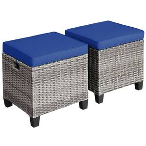 2-Pieces Patio Rattan Cushioned Ottoman Seat Foot Rest Table Navy