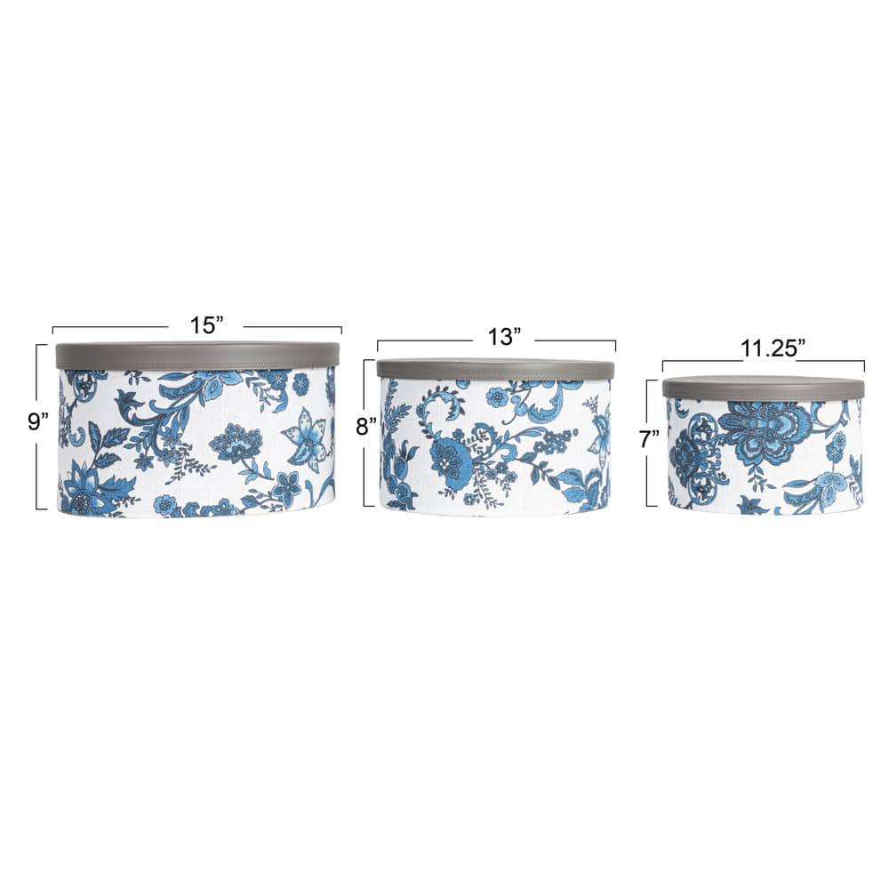 Cream and Blue Floral Nestable Hat Boxes with Faux Leather Lids, Set of 3
