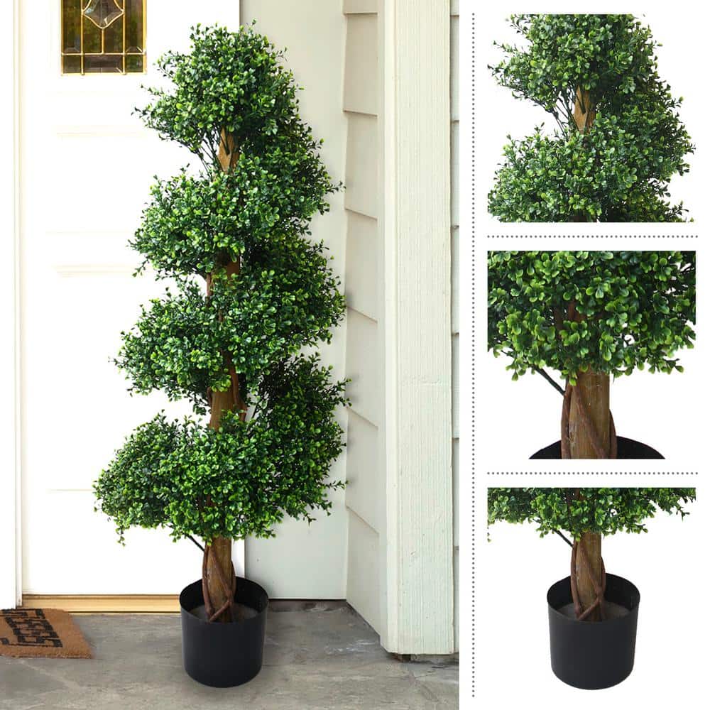 48-inch Green Plastic Boxwood Spiral Topiary Tree in Black Pot