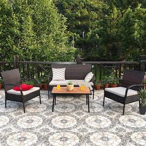 Rattan 4-Piece Wicker Patio Conversation Set Outdoor Furniture Set with Yellowish Cushion