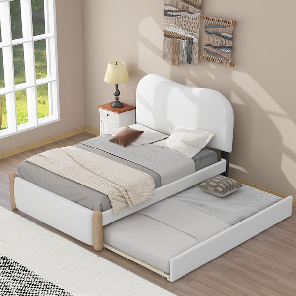 White Wood Frame Twin Upholstered Platform Bed with Trundle