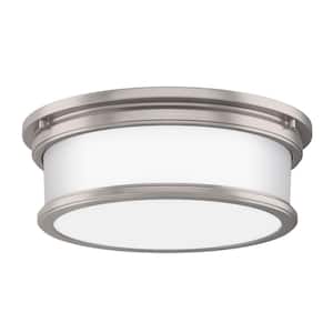 Summerlake 15.5 in. 3-Light Brushed Nickel Drum Flush Mount with Frosted Glass Shade and No Bulbs Included (1-Pack)