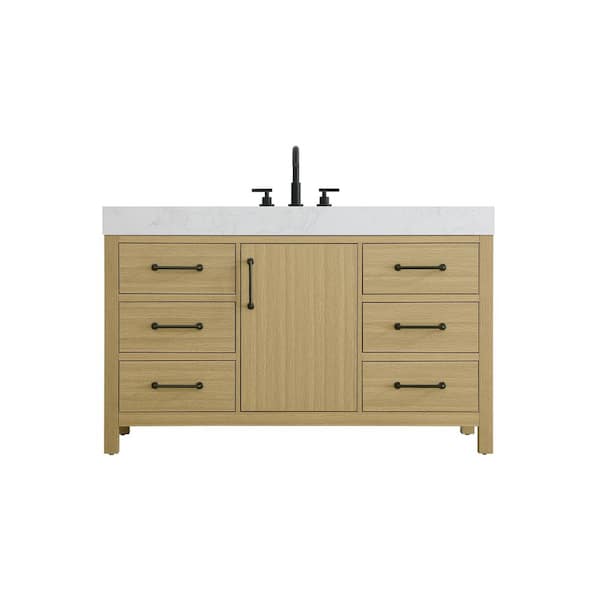 54 in. Single Sink Honey Brown Bath Vanity with White Engineered Marble Top