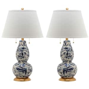 Color 28.5 in. Navy/White Swirl Glass Table Lamp with White Shade (Set of 2)