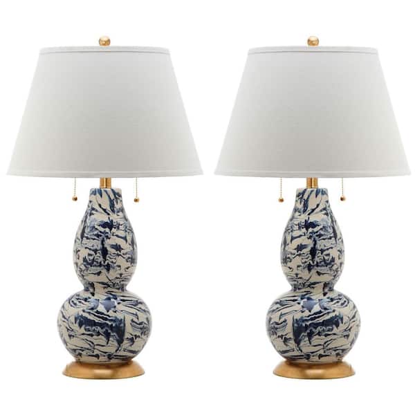 SAFAVIEH Color 28.5 in. Navy/White Swirl Glass Table Lamp with White Shade (Set of 2)
