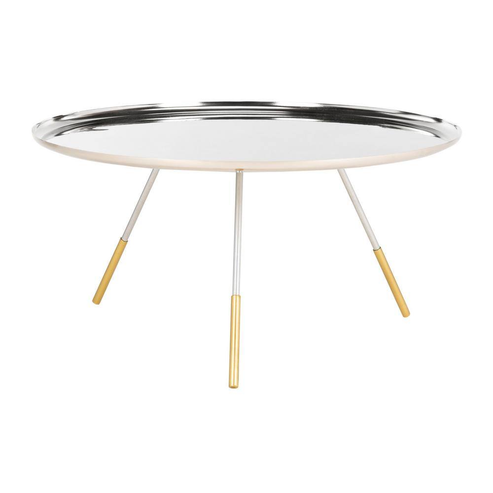 Round Silver Metal Coffee Table with Gold Cap Legs