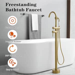 2-Handle Floor Mount Roman Tub Faucet with Hand Shower in Gold