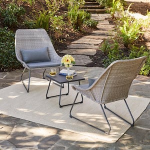 3-Piece Wicker Bistro Set Modern Outdoor Furniture Set 2 Chairs, 15in. Side Table w/ Steel Frames and Gray Cushions