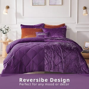 Isabel 4-Piece Purple Velvet King/Cal King Soft Velvet Lustrous Comforter Set with Throw Pillow