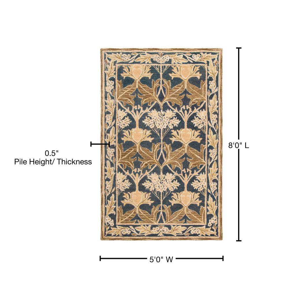 Navy and Sage Floral Wool Tufted Area Rug, 5' x 8'