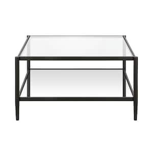 32 in. Black Square Glass Coffee Table with Shelves;Storage