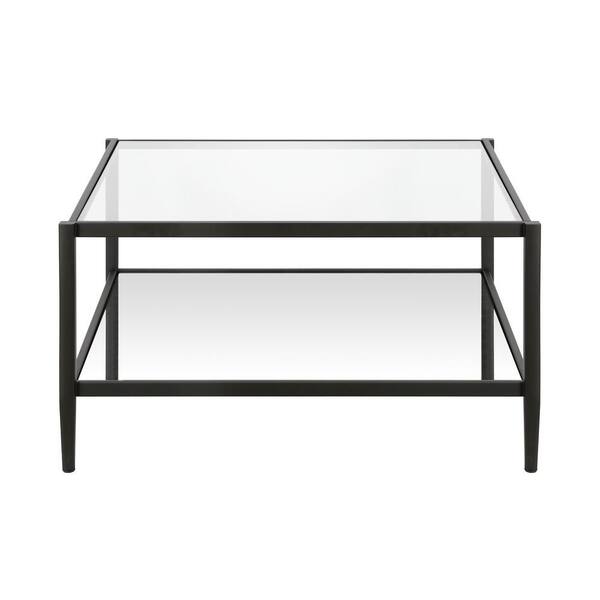 HomeRoots 32 in. Black Square Glass Coffee Table with Shelves;Storage