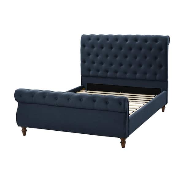 JAYDEN CREATION Elaine Indigo Upholstered Traditional Lighted Sleigh Queen Platform Bed with Sturdy Frame and Headboard-Blue Family