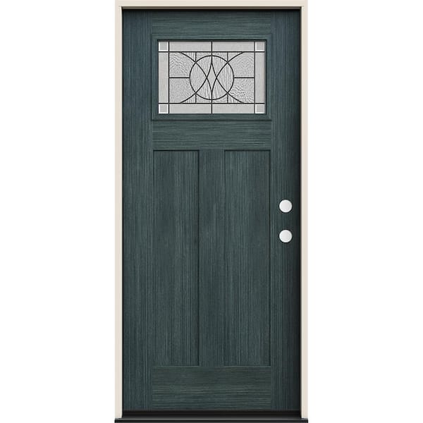 JELD-WEN 36 in. x 80 in. Left-Hand 1/4 Lite Craftsman Tryon Decorative Glass Denim Fiberglass Prehung Front Door