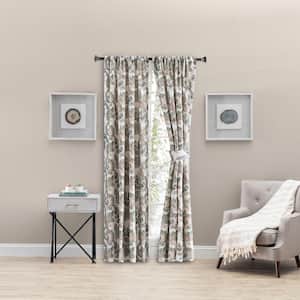 Wynette Grey Floral Cotton Lined 100 in. W x 84 in. L Rod Pocket Room Darkening Curtains with Ties (Double Panel)