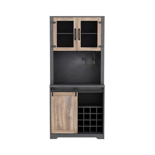 16-Bottle Black Wood Wine Rack Farmhouse Barn Door Bar Cabinet with 4 cubicles for Living room dining room