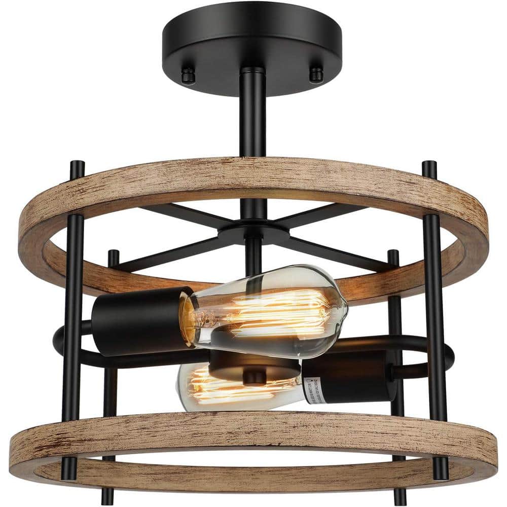 2-Light Rustic Wood Semi 13 in Flush Mount Ceiling Light, Vintage Industrial Farmhouse Lamp for Hallway, Bedroom price history on PriceWatchPro