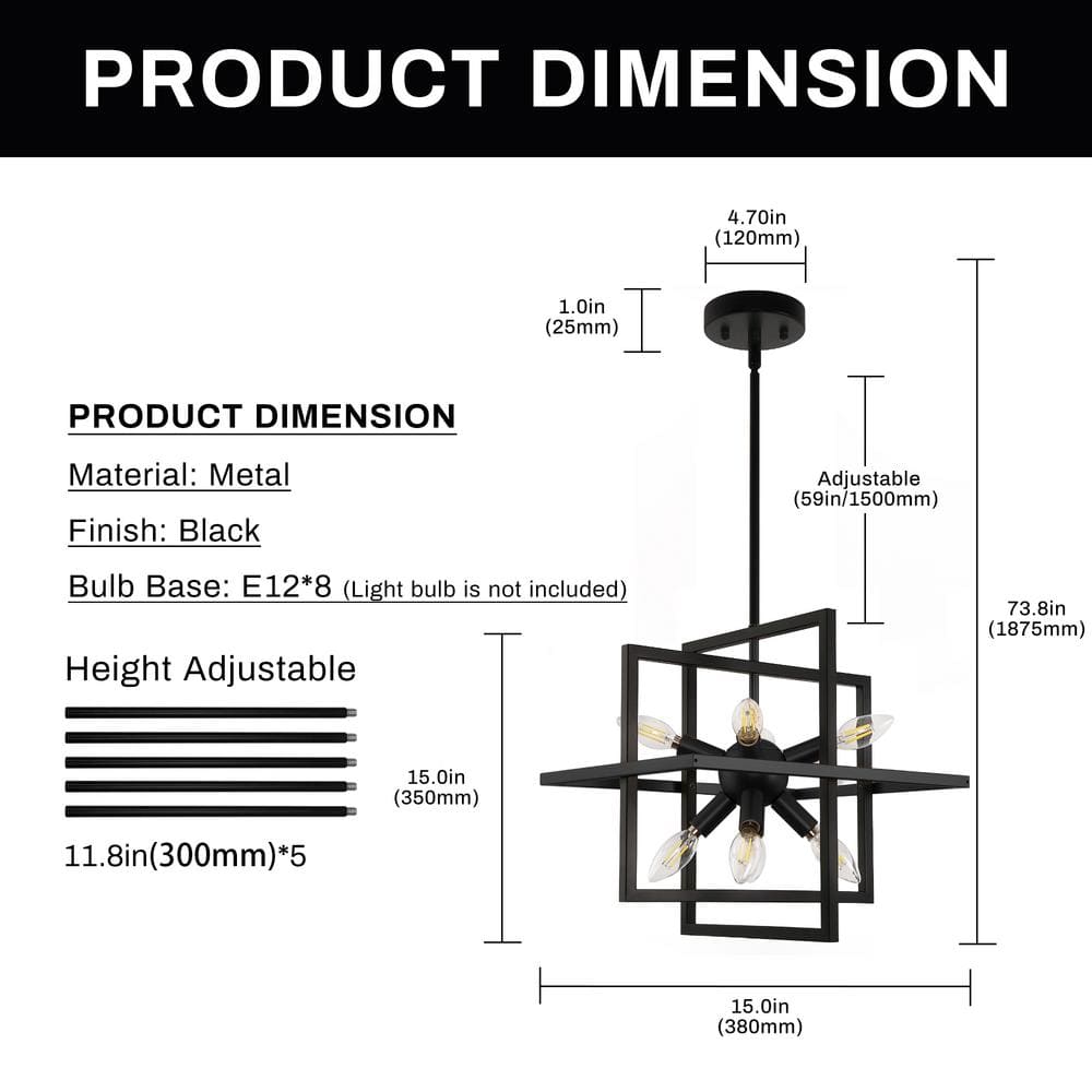 Black Metal 8-Light Geometric Industrial Chandelier