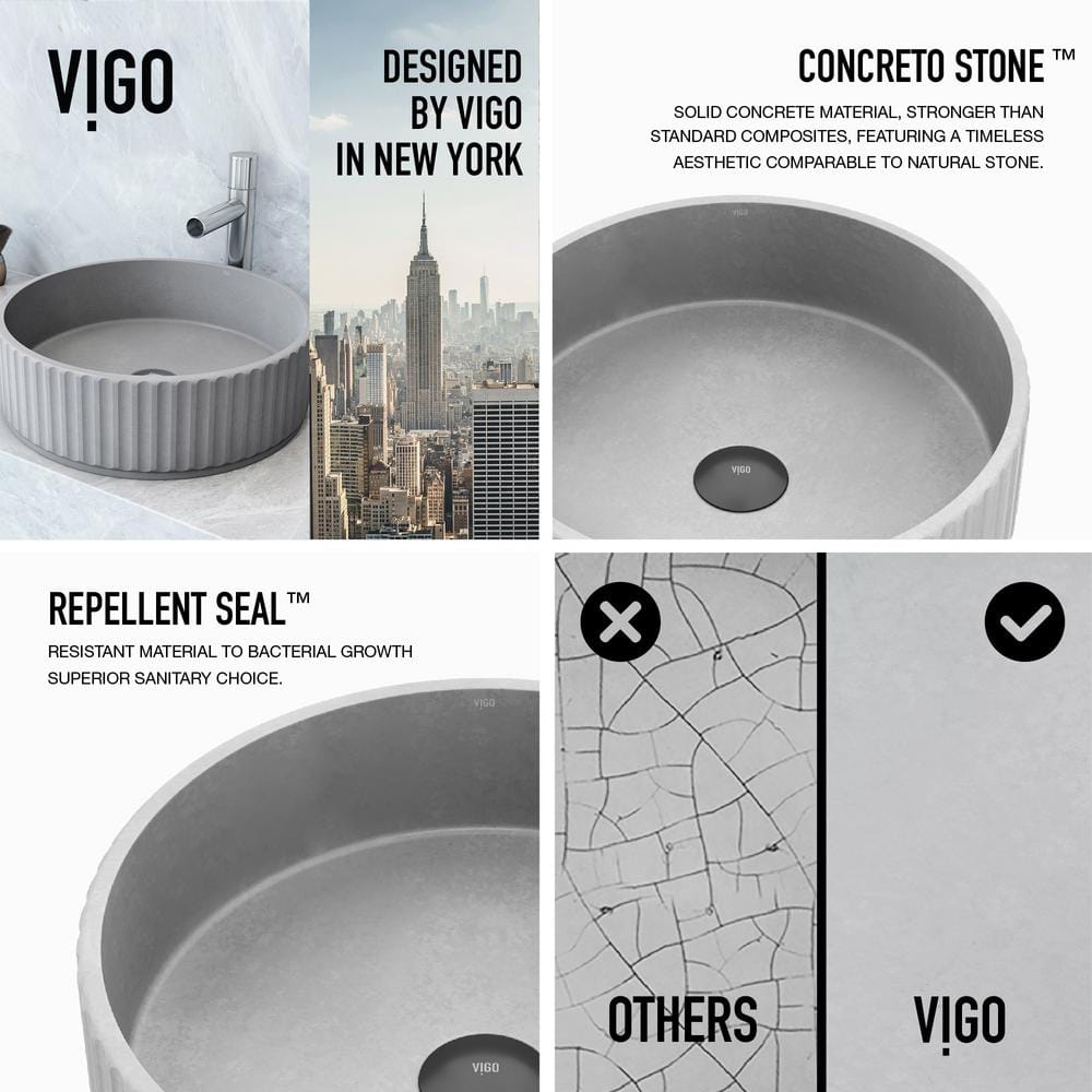 Gray Fluted Concrete Round Above-Counter Vessel Sink