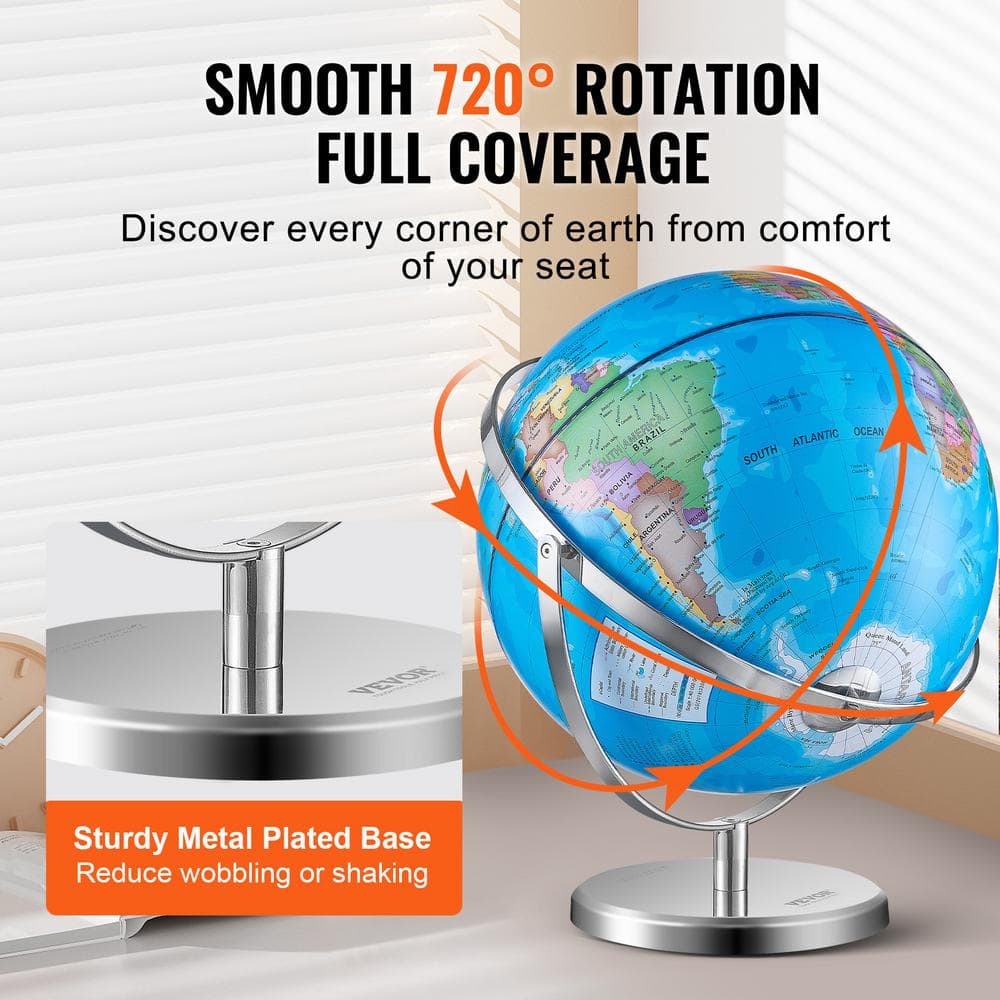 Educational Blue and Silver LED World Globe with Metal Stand