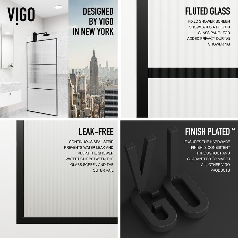Divide 34" W x 74" H Matte Black Fluted Glass Shower Screen