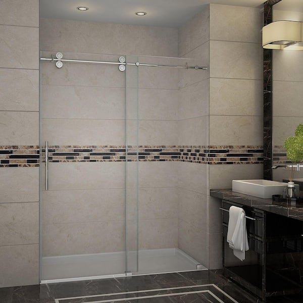 Aston Langham 60 in. x 75 in. Completely Frameless Sliding Shower Door in Stainless Steel with Clear Glass