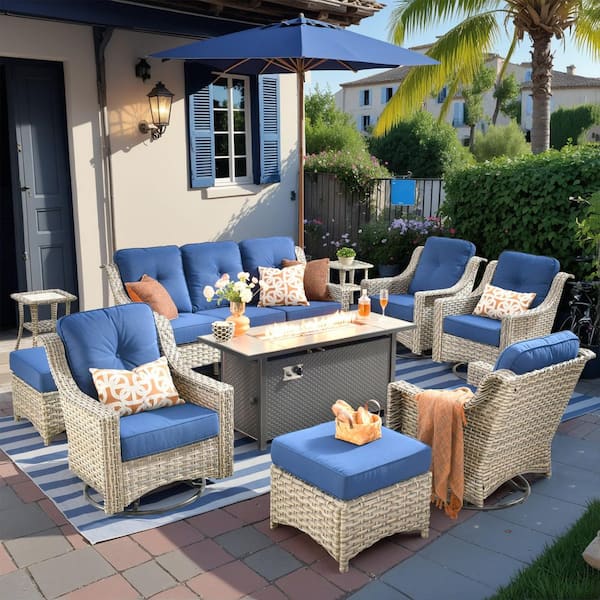 Cherry 10-Piece Wicker Outdoor Furniture Patio Fire Pit Conversation Sofa Set with Swivel Chairs and Navy Blue Cushions