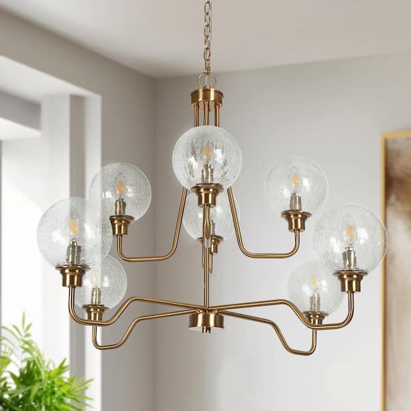 LNC Lunary Modern 37.4 in. W Large 8-Light Brass Sputnik Island Chandelier with Globe Crackle Glass Shade for Living Room