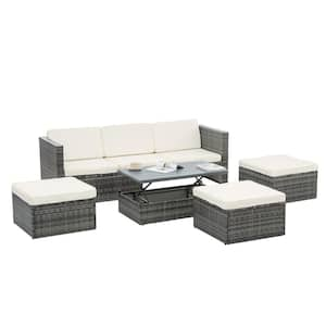 5-Piece Dark Gray PE Wicker Outdoor Seasonal Sofa Set with Beige Cushions, Plywood Coffee Table, Lounger Sofa