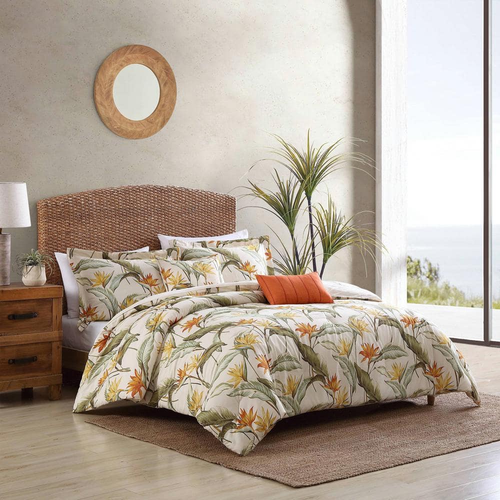 King Beige Cotton Tropical Palm Duvet Cover Set