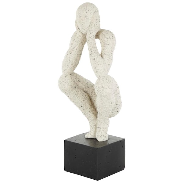 Litton Lane Cream Polystone Crouching People Sculpture with Black Square Base