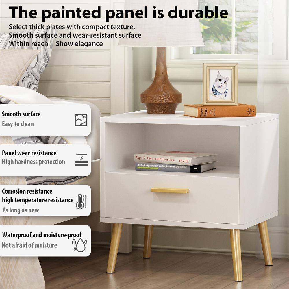 White Particle Board Nightstand with Drawer and Open Compartment