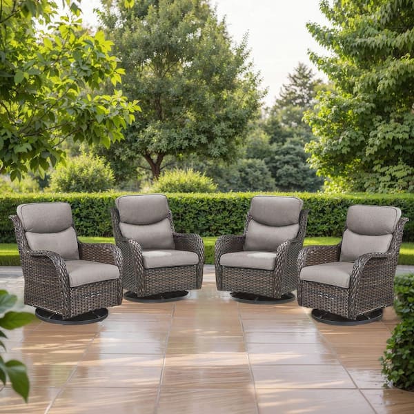 Carolina 4-Piece Brown Wicker Outdoor Swivel Glider Chairs with Thick Gray Cushion