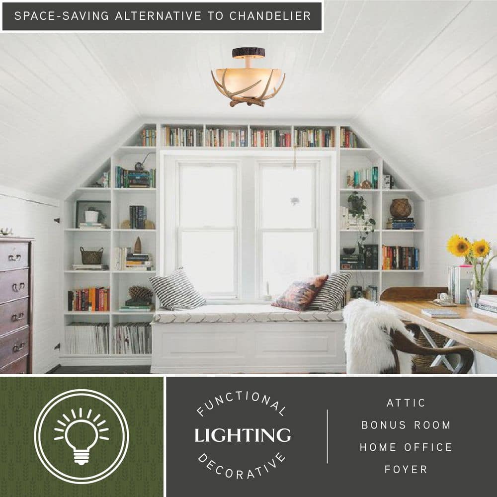 Rustic Antler 16" Cream Glass Semi Flush Mount Ceiling Light