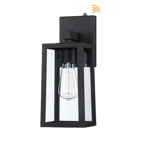 Hukoro 1-Light 13.9 in. H Matte Black Finish Hardwired Outdoor Wall Lantern Sconce with Dusk to Dawn Sensor