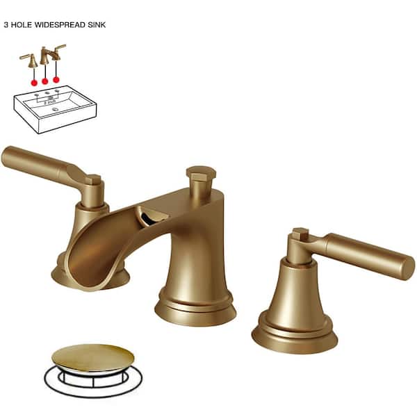 BWE 8 in. Widespread Double-Handle 3-Hole Waterfall Bathroom Faucet Water-Saving with Metal Drain in Brushed Gold