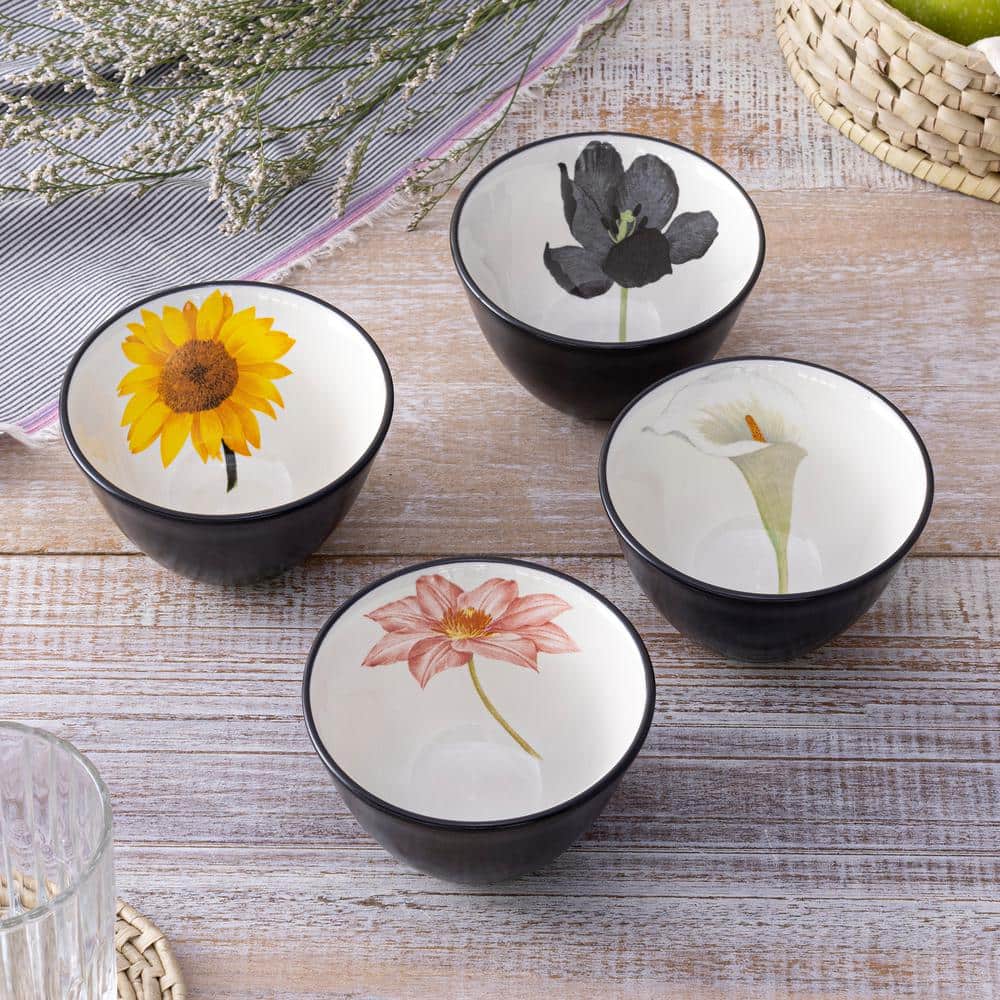 Graphite and Cream Floral Matte Stoneware Mini Bowls Set of Four