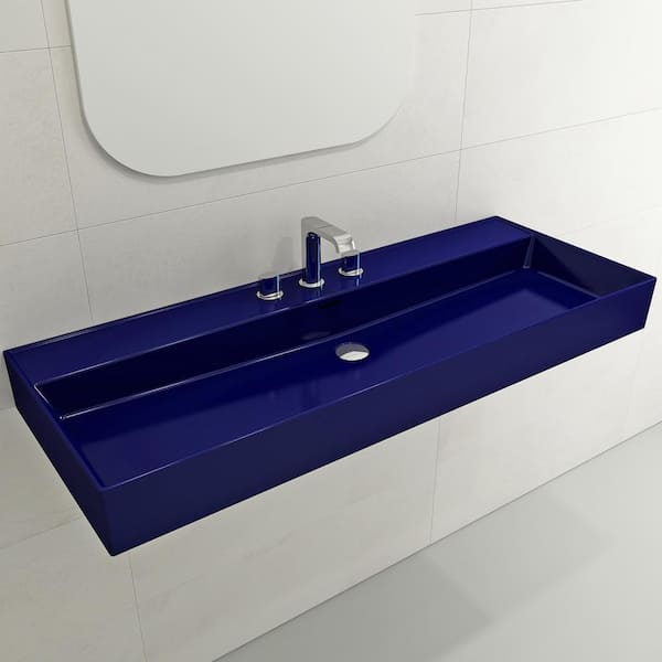 BOCCHI Milano Sapphire Blue 47.75 in. 3-Hole Wall-Mounted Fireclay Rectangular Vessel Sink with Overflow