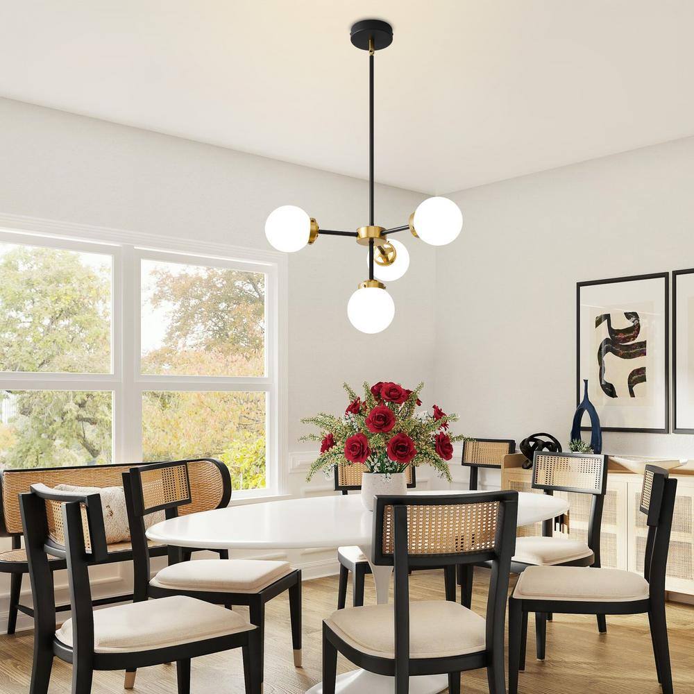 Black and Gold 4-Light Sputnik Chandelier with Milk Glass Shades