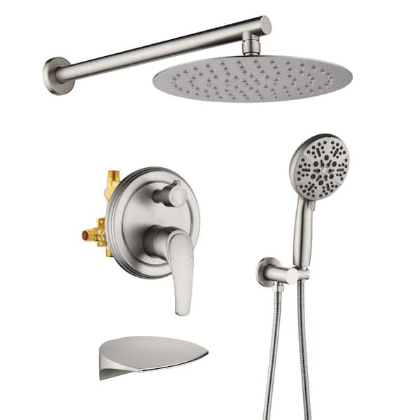 PERLIRIA INC 10 in. Single -Handle 8-Spray Tub and Shower Faucet with Round Handheld Shower 2 GPM in. Brushed Nickel Valve Included