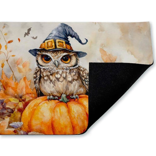 Owl Perched on Pumpkin Orange 18 in. x 30 in. Polyester Non-Slip Outdoor Door Mat