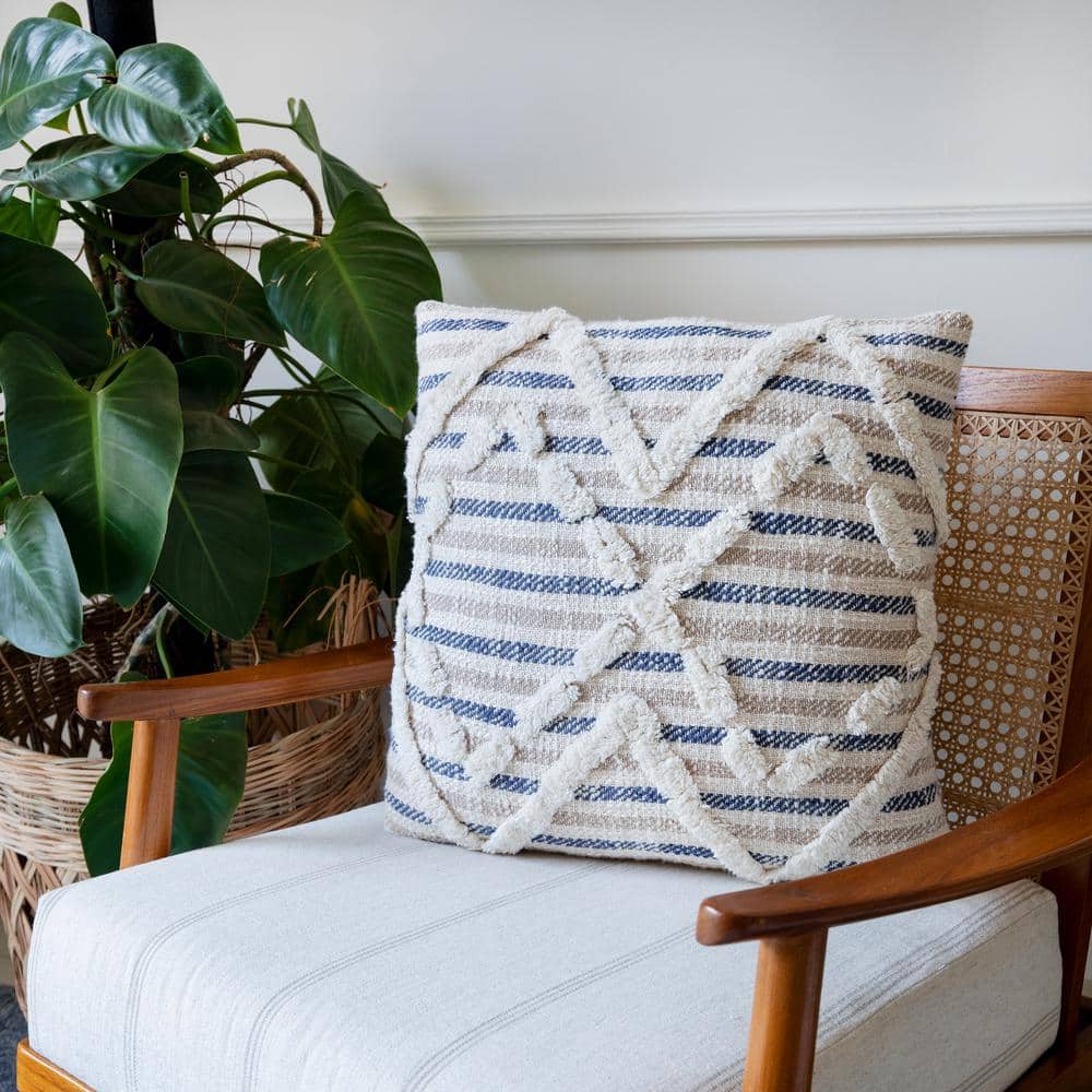 Oscar Blue and Natural Cotton Diamond Tufted Throw Pillow Set, 18" x 18"