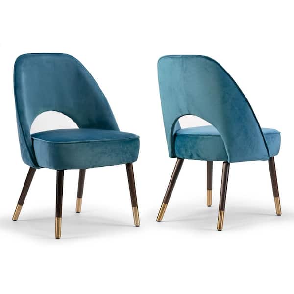Glamour Home Amber Blue Velvet Modern Dining Chair with Beech Wood Legs (Set of 2)